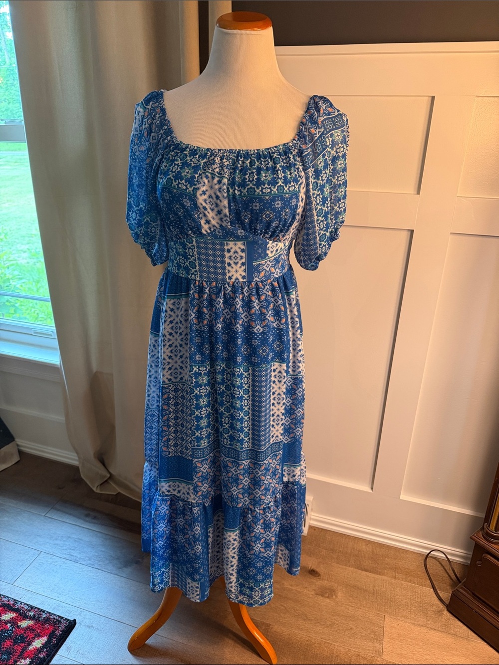 Collective Concepts Blue Patchwork Midi Dress with Square Neck and Puff Sleeves